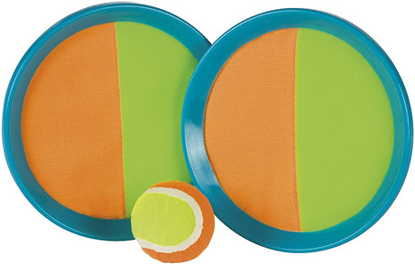 Pitch n Catch set with two neon paddles and one ball for outdoor hook-and-loop catch fun for kids age 5 and up.