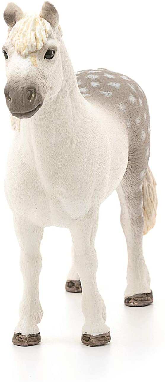 Welsh Pony Stallion figurine with white and gray spotted coat, friendly expression, standing on white background.