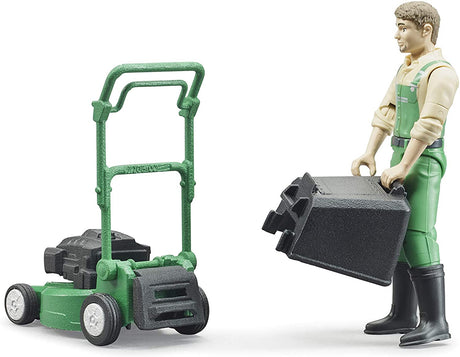 Jeffrey & Lawnmower toy figure in green overalls holding garden equipment with lawnmower for creative play.