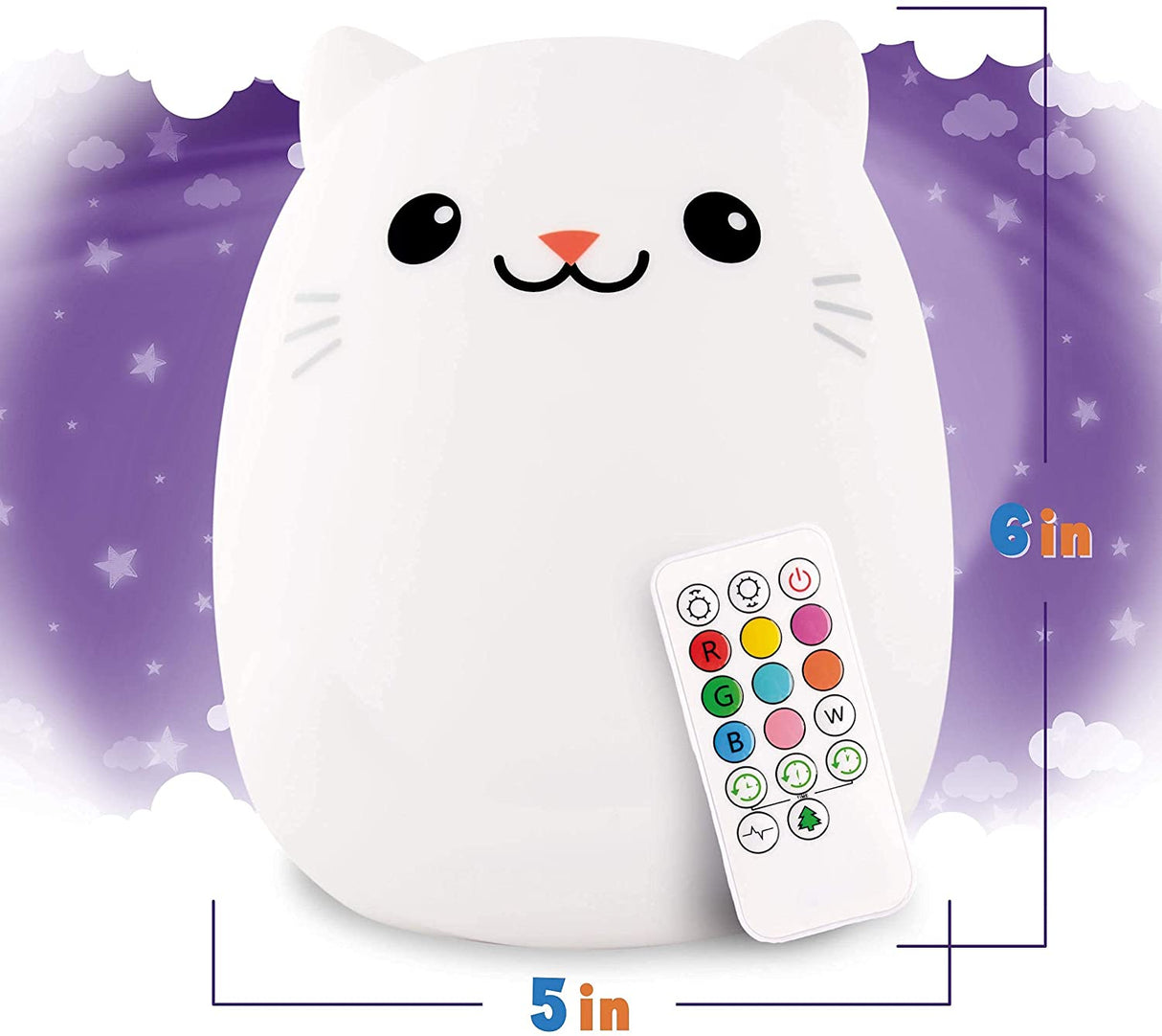 LED Nightlight | Cat with remote control, soft silicone, glowing colors, and portable design for kids and parents.