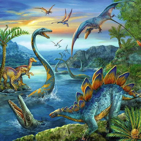 49pc Dinosaur Puzzles featuring colorful prehistoric dinosaurs and flying pterosaurs in a vibrant natural landscape.