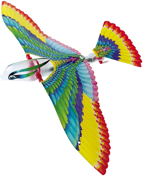 Tim Bird toy with colorful wings made of durable Mylar and Nylon, showcasing a 15.5 inch wingspan in mid-flight.