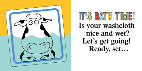 Barnyard Bath featuring a playful cow illustration and fun bath time text for kids, waterproof and safety-tested bath book.