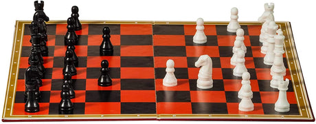 Chess & Checkers Set showing a classic chessboard with black and white pieces arranged for play.