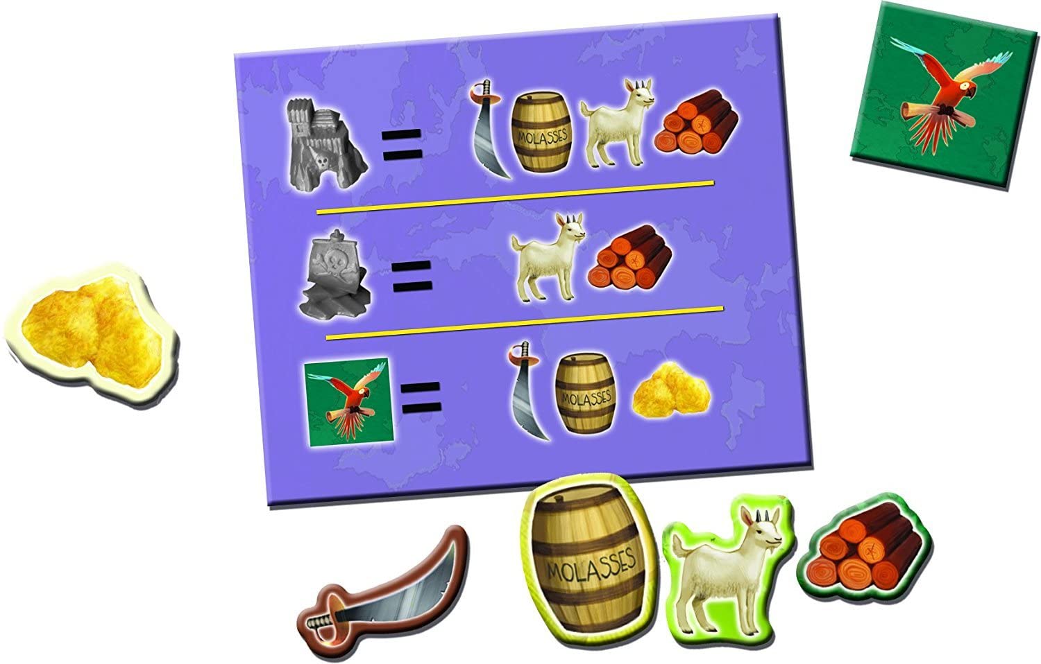 Catan Jr. resource exchange card and game tokens including molasses, sword, goat, logs, and parrot tiles.