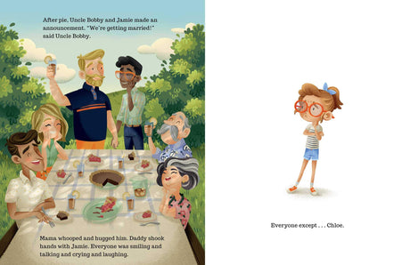 Illustration from Uncle Bobby's Wedding showing a joyful family picnic and a thoughtful Chloe standing apart.