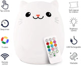 LED Nightlight | Cat with remote, 9 color modes, soft silicone, tap control, sleep timer, brightness, and USB rechargeable.