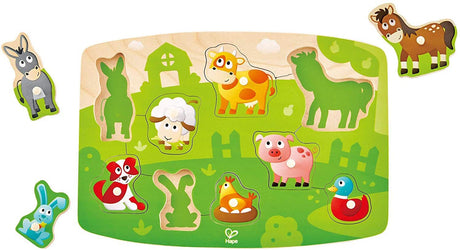 9pc Farm Animals Peg Puzzle with colorful wooden farm animal pieces including donkey, sheep, cow, horse, pig, dog, hen, rabbit, and duck.