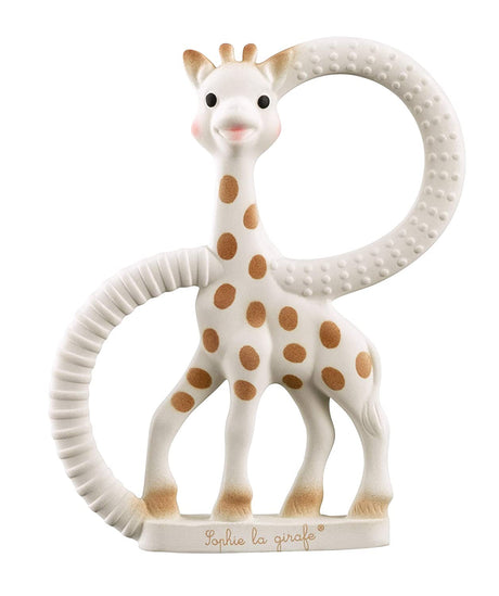 Sophie the Giraffe Teether with two textured rings made of 100% natural rubber for babies 0 months and up.