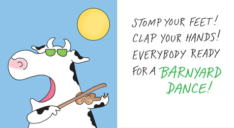 Barnyard Dance! features a cool cow with sunglasses playing fiddle under the sun, inviting fun music and dancing.