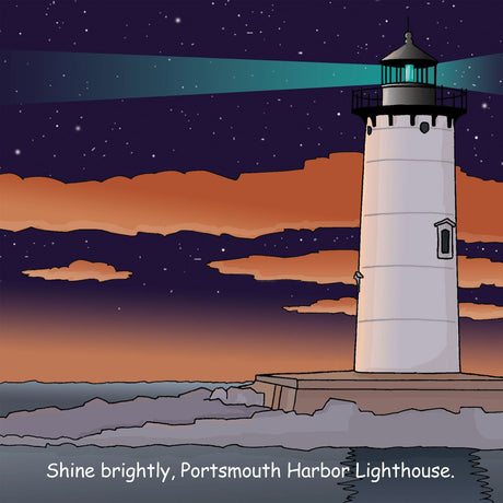 Good Night New Hampshire board book illustration of Portsmouth Harbor Lighthouse shining under a starry night sky.