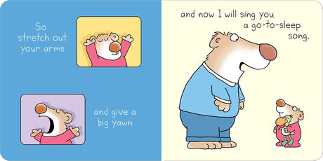 Silly Lullaby book page shows a bear stretching and singing a go-to-sleep song to a little bear in pajamas.