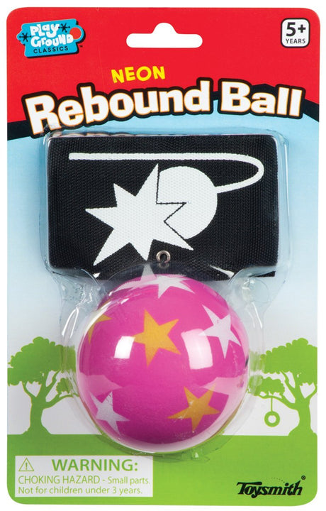 Rebound Ball with pink star-patterned foam ball and stretchable cord attached to a Velcro wrist bracelet for ages 5+