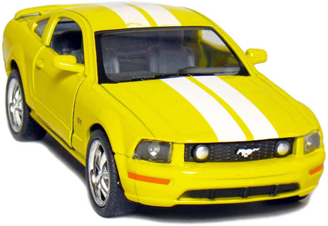 2006 Ford Mustang GT diecast model car in yellow with white stripes, openable doors, and pullback action.