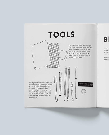 Open page from "How to Draw All the Things" showing drawing tools and step-by-step instructions for kids.