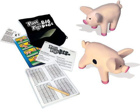 Jumbo Pass the Pigs oversized foam pig dice game set with score pad, pencil, instructions, and drawstring storage pouch.