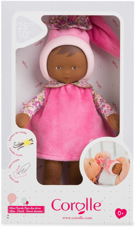 Miss Floral Sweet Dreams soft baby doll with floral dress and pink hat, perfect for newborns and cuddling.