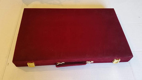Backgammon | Burgundy 18" folding board with burgundy velvet exterior and metal clasps, perfect for classic game play.