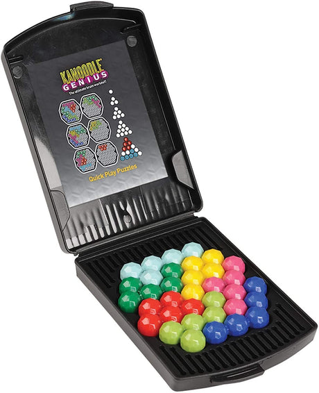 Kanoodle Genius puzzle game with colorful 7 pieces in a black carrying case for advanced brain challenges.