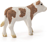 Small Simmental Calf figurine with brown and white textured coat, measuring 3 x 1.4 x 2 inches.
