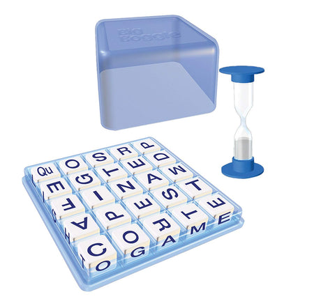 Big Boggle word game with letter cubes, transparent dome, and blue sand timer for timed gameplay.