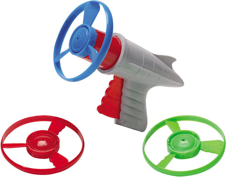 Lunar Launcher plastic disc launcher toy with blue handle and red and green discs for kids’ outdoor fun and games.
