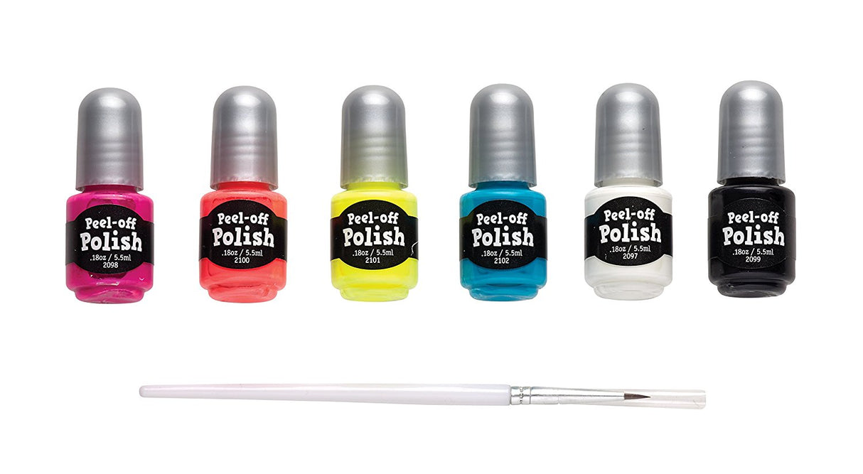 Nail Art set with six colorful peel-off nail polishes in pink, coral, yellow, blue, white, and black plus a detail brush.