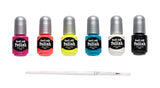 Nail Art set with six colorful peel-off nail polishes in pink, coral, yellow, blue, white, and black plus a detail brush.