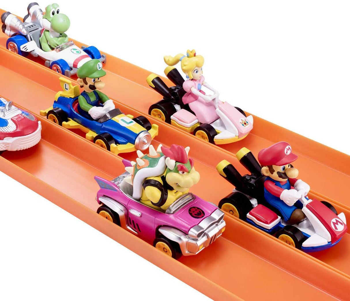 Hot Wheels Mario Kart die-cast karts featuring Mario, Luigi, Peach, Bowser, and Yoshi racing on an orange track.