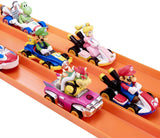 Hot Wheels Mario Kart die-cast karts featuring Mario, Luigi, Peach, Bowser, and Yoshi racing on an orange track.