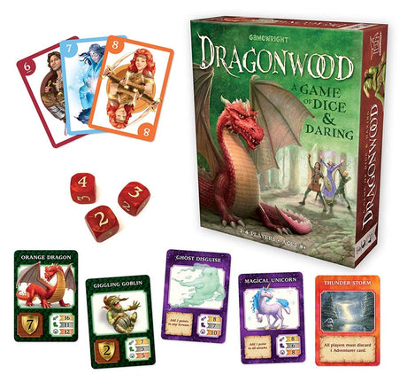Dragonwood board game with illustrated cards and custom dice featuring fantasy creatures and characters in a mythical forest.
