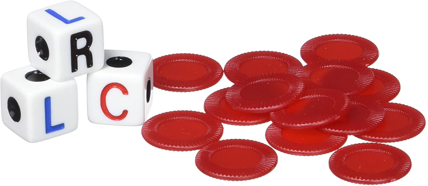 LCR dice game pieces with red chips and dice showing letters L, C, and R for a fun, fast-paced game.