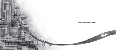 Have You Ever Seen a Flower? book cover with grayscale cityscape and a small car on a winding road.