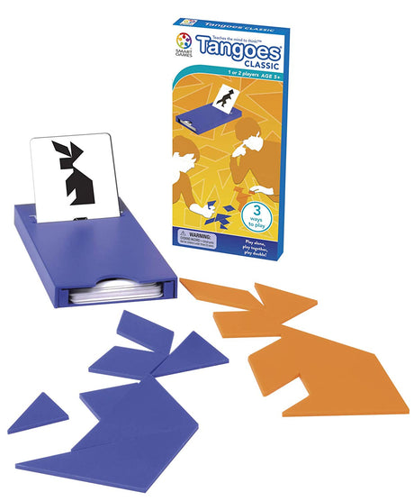 Tangoes Classic puzzle game with seven colorful geometric pieces and challenge cards in travel case for ages 5 and up.