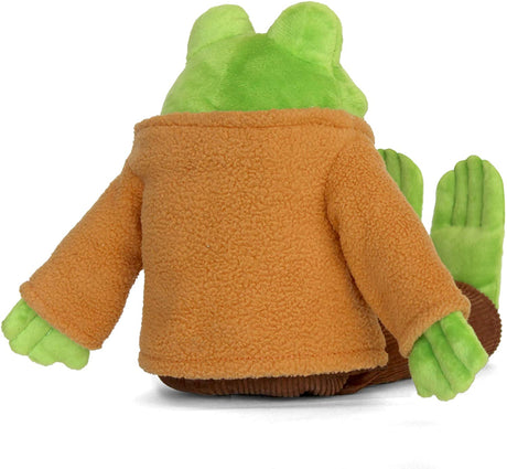Frog plush toy wearing a camel coat, seated with bright green soft body, perfect for cuddling and gift-giving.