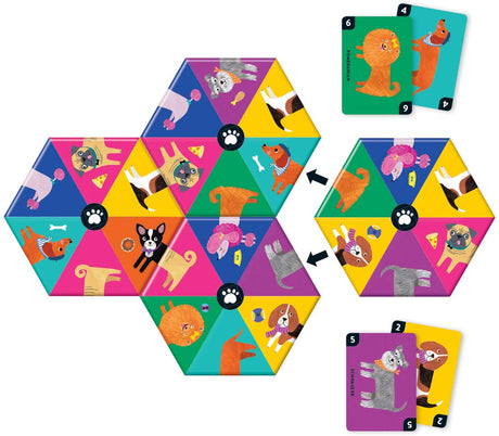 Mix the Mutts! game showing colorful hexagon tiles and cards with mixed dog heads and tails for family fun.