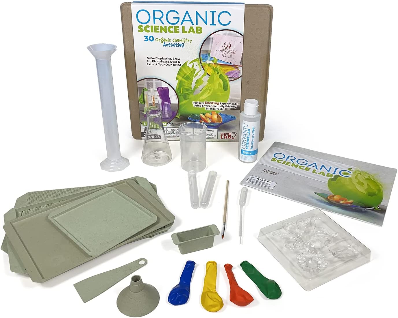 Organic Science Lab with eco-friendly tools, balloons, beaker, test tubes, and activity book for 30 organic chemistry experiments.
