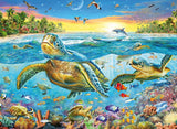100pc Swim with Sea Turtles Puzzle featuring colorful sea turtles swimming underwater near a coral reef at sunset.