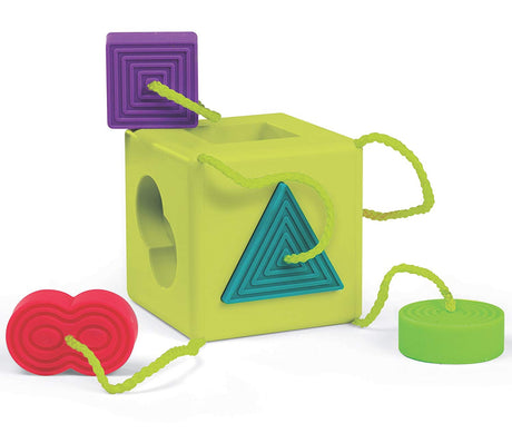 OombeeCube with colorful textured shapes tethered for tactile exploration and sensory play, made from food-grade silicone.