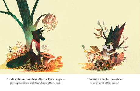 Illustration from Pokko and the Drum showing a wolf confronting a rabbit and Pokko playing a drum in the forest.