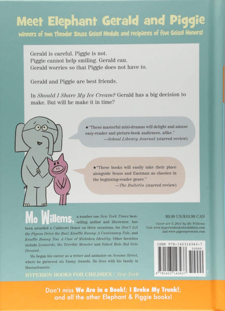 Back cover of Elephant & Piggie Should I Share My Icecream? featuring Gerald and Piggie with a description and reviews.