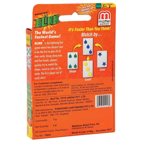 Blink game packaging showing instructions for matching cards by shape, count, or color in this fast two-player card game.
