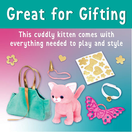 Cuddly Kitten plush toy with pet carrier, unicorn horn, butterfly wings, bell collar, and gold stickers for creative play.