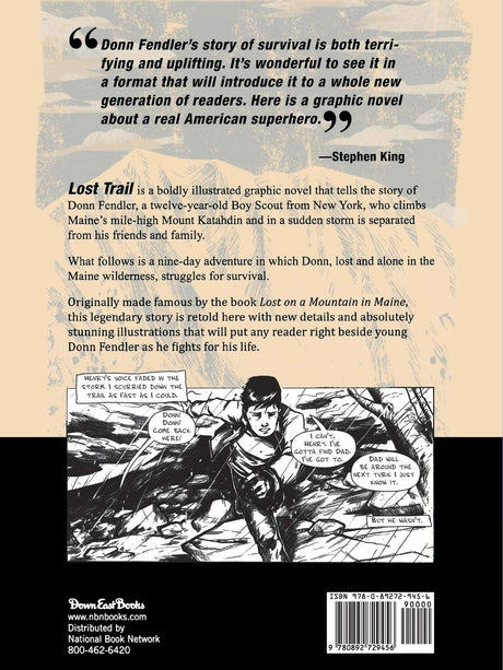 Back cover of Lost Trail graphic novel depicting Donn Fendler’s survival story in the Maine wilderness.