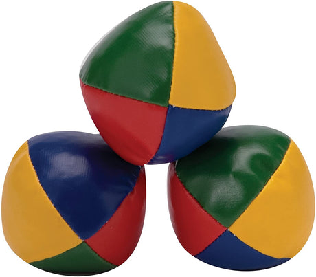 Three colorful vinyl covered juggling balls stacked together, part of the Juggling Balls set.