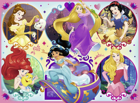 100pc Disney Princesses Puzzle featuring vibrant images of popular princesses including Belle, Rapunzel, Snow White, Ariel, Jasmine, and Aurora.