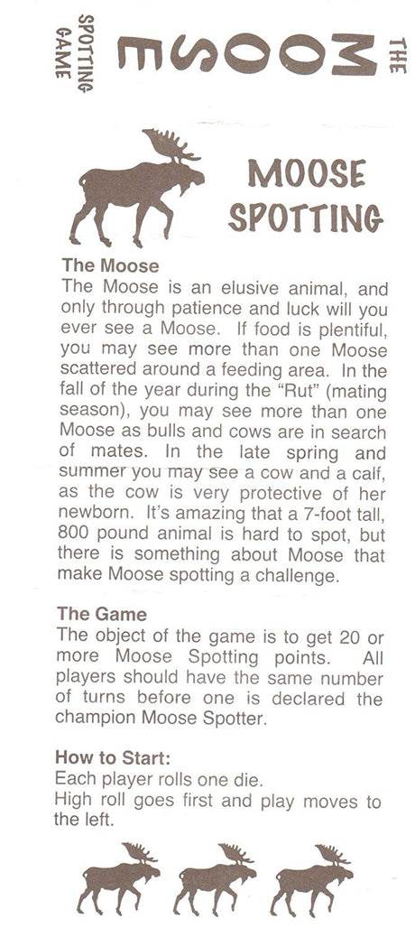 Maine Moose Dice Game instructions describing moose spotting rules and game objectives for family fun.