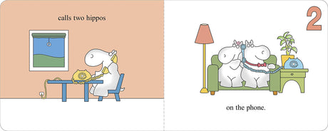 Hippos Go Beserk! board book illustration of hippos on the phone counting two in a cozy living room.
