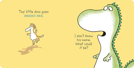 Illustration from Dinosaur Dance! showing a small dancing dino named Deedly Dee with a curious larger dinosaur.