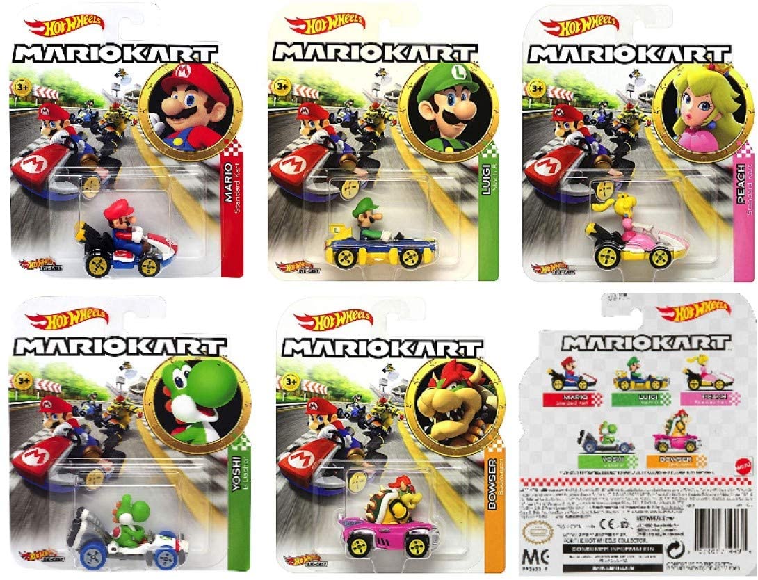 Hot Wheels Mario Kart 1:64 die-cast karts featuring Mario, Luigi, Peach, Yoshi, and Bowser in collectible packaging.